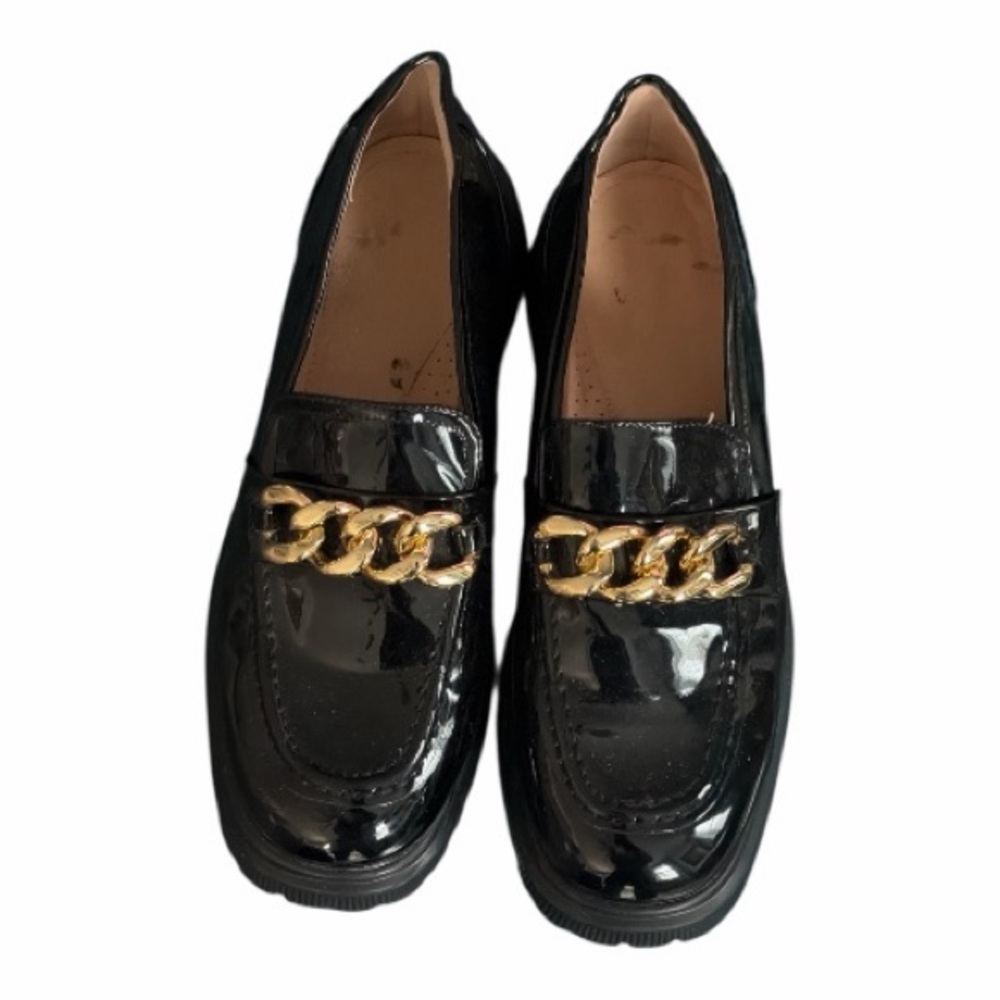 INC International Concepts Black Patent Loafers with Gold Chain Size 10W